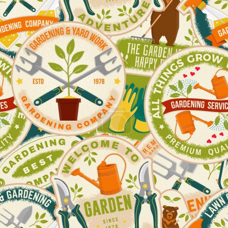 Illustration for The garden is my happy place emblem, patch, sticker. Vector illustration. For sign, patch, shirt design bear with rake, seedlings, bee, gardening equipment. Seamless pattern or background. - Royalty Free Image