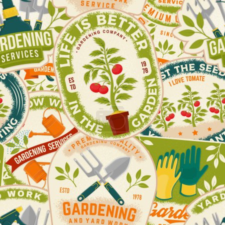 Illustration for Life is better in the garden emblem, patch, sticker. Vector illustration. For sign, patch, shirt design with rake, seedlings, gardening equipment. Seamless pattern or background. - Royalty Free Image