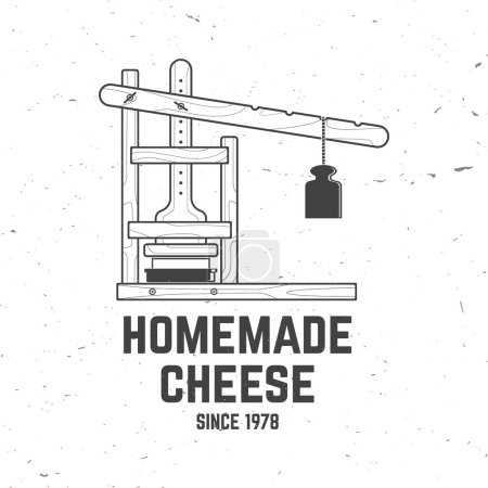 Design d'insigne de fromage fait maison. Modèle pour logo, design de marque avec moules à fromage et presse. Illustration vectorielle. Fromage artisanal.