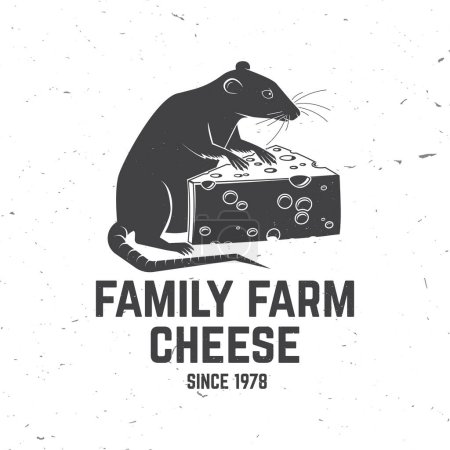 Design d'insigne de fromage de ferme familiale. Modèle pour logo, design de marque avec triangle bloc fromage et rat, souris. Illustration vectorielle. Fromage artisanal.
