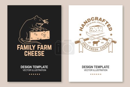 Cheese family farm poster design. Template for logo, branding design with rat, mouse, sheep lacaune, fork, knife for cheese. Vector illustration. Handcrafted product cheese.