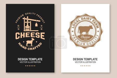 Cheese family farm poster design. Template for logo, branding design with block cheese, goat on the grass, cow, fork, knife, cheese press. Vector illustration. Handcrafted product cheese.