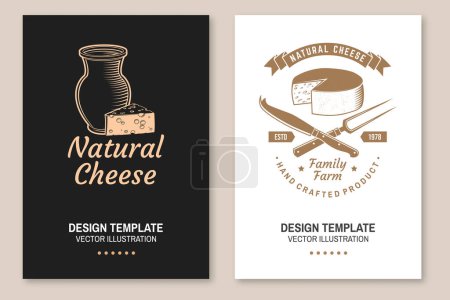 Cheese family farm poster design. Template for logo, branding design with block cheese, jug of milk, fork, knife for cheese. Vector illustration. Hand crafted product cheese.