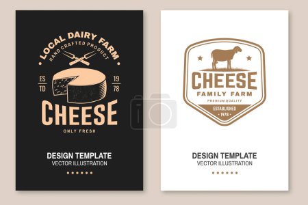 Poster de ferme familiale au fromage. Modèle pour logo, design de marque avec lacune de mouton, fourchette, couteau pour fromage. Illustration vectorielle. Fromage artisanal.