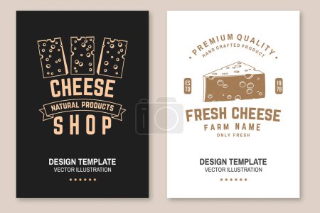 Cheese family farm poster design. Template for logo, branding design with block cheese, fork, knife for cheese. Vector illustration. Hand crafted product cheese.