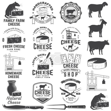 Design d'insigne de ferme familiale au fromage. Modèle pour logo, conception de marque avec du fromage en bloc, lacune de mouton sur l'herbe, fourchette, couteau pour fromage, vache, presse à fromage. Illustration vectorielle. Produit artisanal