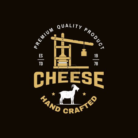 Design d'insigne de ferme familiale au fromage. Modèle pour logo, design de marque avec lacune de mouton, fourchette, couteau pour fromage. Illustration vectorielle. Fromage artisanal.
