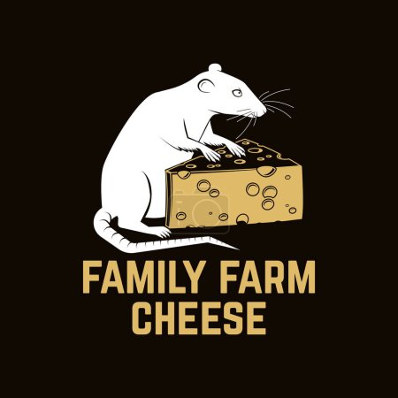 Design d'insigne de fromage de ferme familiale. Modèle pour logo, design de marque avec triangle bloc fromage et rat, souris. Illustration vectorielle. Fromage artisanal.
