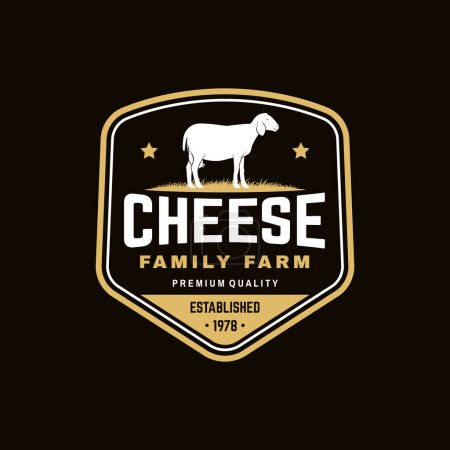 Design d'insigne de ferme familiale au fromage. Modèle de logo, design de marque avec lacune de mouton sur l'herbe. Illustration vectorielle. Fromage artisanal.