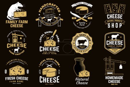Cheese family farm badge design. Template for logo, branding design with block cheese, sheep lacaune on the grass, fork, knife for cheese, cow, cheese press. Vector illustration. Hand crafted product