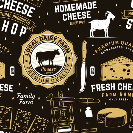 Cheese family farm seamless pattern or background. Fabric, textile, wallaper with block cheese, sheep lacaune on the grass, fork, knife for cheese, cow, cheese press. Vector