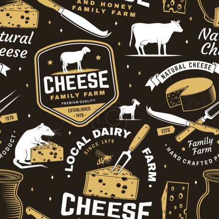 Cheese family farm seamless pattern or background. Fabric, textile, wallaper with block cheese, sheep lacaune on the grass, fork, knife for cheese, cow, cheese press. Vector