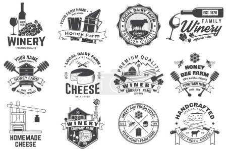Set of wine company, cheese family, honey bee farm badge design. Template for logo, branding design with block cheese, glass of wine, bottle, milk farm. Vector illustration. Hand crafted product.
