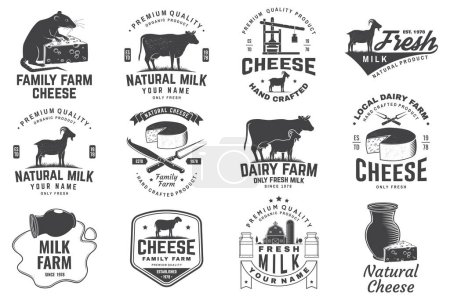 Granja familiar de quesos y diseño rústico de insignia de leche. Diseño con queso de bloque, oveja, tenedor, cuchillo, leche, vaca, prensa de queso. Vector. Plantilla para el negocio de quesos y granjas lácteas - tienda, mercado, embalaje