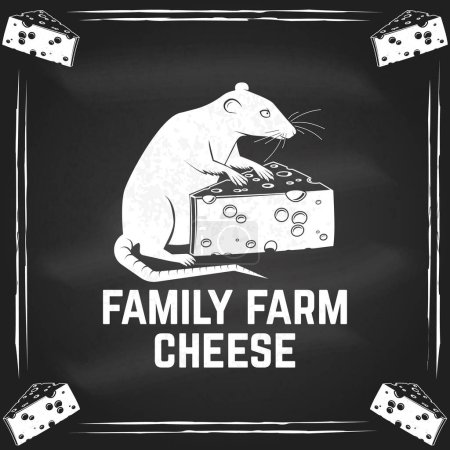 Family farm cheese badge design on the chalkboard. Template for logo, branding design with triangle block cheese and rat, mouse. Vector illustration. Hand crafted product cheese.