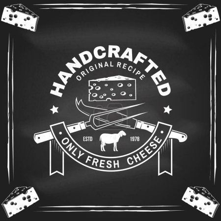 Cheese family farm badge design on the chalkboard. Template for logo, branding design with sheep lacaune, fork, knife for cheese. Vector illustration. Hand crafted product cheese.