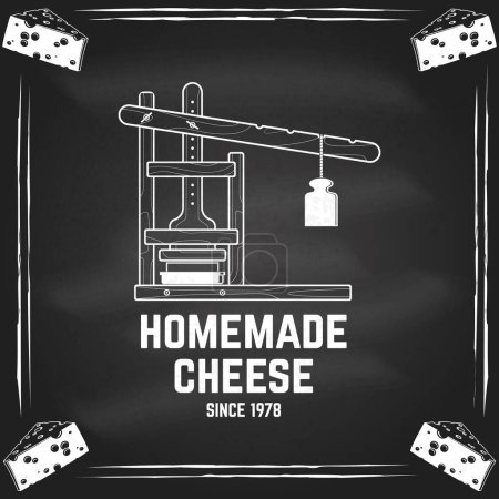Insigne de fromage fait maison sur le tableau. Modèle pour logo, design de marque avec moules à fromage et presse. Illustration vectorielle. Fromage artisanal.