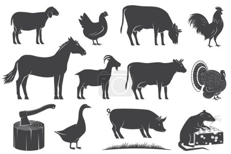 Farm animals icons silhouettes. Vector illustration. Design elements for farm business - shop, market, packaging, menu