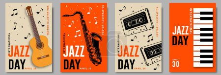 Jazztag. Hintergrundvorlage für das Musikfestival. Klassische Holzgitarre, Klaviertastatur, Saxophon, Audio-Kassettenband-Eventflyer-Design. 30. April: Feier zum Internationalen Jazztag
