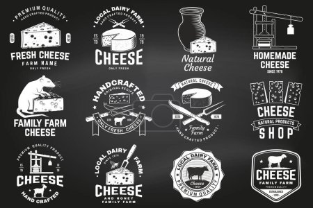 Cheese family farm badge design on the chalkboard. Template for logo, branding design with block cheese, sheep lacaune on the grass, fork, knife for cheese, cow, cheese press. Vector illustration