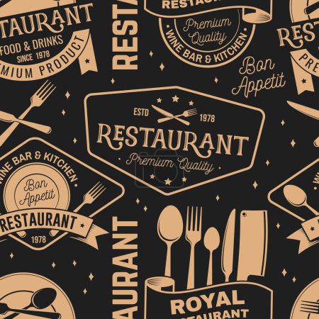 Restaurant seamless pattern or background. Vector Illustration. Fabric, textile, wallaper with plate, cloche with lid, fork and knife
