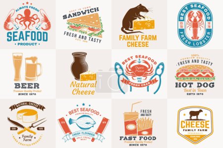 Set of cheese family farm, seafood and fast food retro badge. Vector. For seafood emblem, sign, patch, shirt, menu restaurants with cheese, tuna, trout, shrimp, octopus crab mussels and clams, hotdog