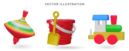 Un cubo de plástico rojo y una pala amarilla, tren, spinning top 3d niños juguetes. Ilustración vectorial. Cubo de juguete, pala, tren, regalo de la tapa giratoria para los niños. La mayoría de juguetes clásicos en el pasado.