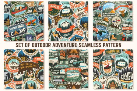 Set of summer camp colorful seamless pattern with travel inspirational quotes. Vector. Background, wallpaper, seamless pattern with camping climber, tent, mountain and forest silhouette