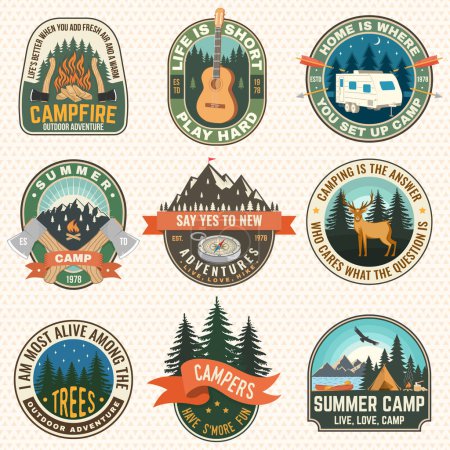 Set of Summer camp patches. Vector. Concept for shirt or logo, print, stamp, patch or tee. Stickers with guitar, rv trailer, camping tent, forest, mountain