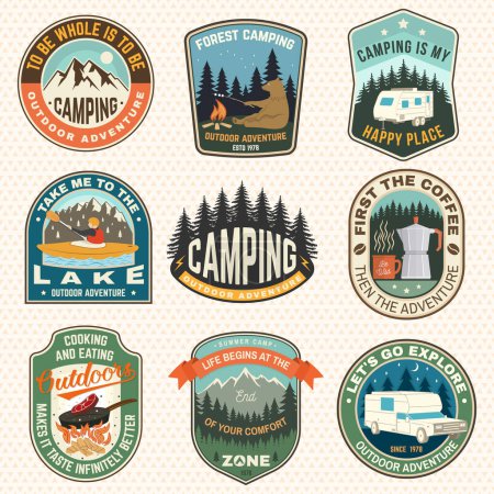 Set of Summer camp patches. Vector. Concept for shirt or logo, print, stamp, patch or tee. Stickers with steak in a pan, kayaker, bear, campfire, forest, mountain