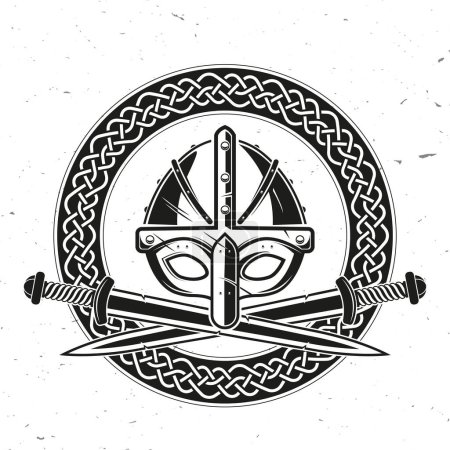 Viking helmet with crossed battle sword and national viking seamless ornament borders. Vector illustration. For emblems, labels and logos. Monochrome style
