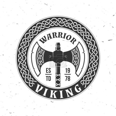 Logo de guerrero vikingo, insignia, pegatina. Ilustración vectorial. Para emblemas, etiquetas y parches. Arma medieval de doble hacha, estilo monocromo vintage.