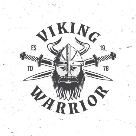 Viking warrior logo, badge, sticker. Vector illustration. For emblems, labels and patch. Monochrome style viking in helmet with crossed battle sword.
