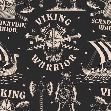 Vikings warrior seamless pattern or background. Vector. Fabric, texture, wallpaper with drakkar, vikings in helmet with battle sword, spear and round shield.