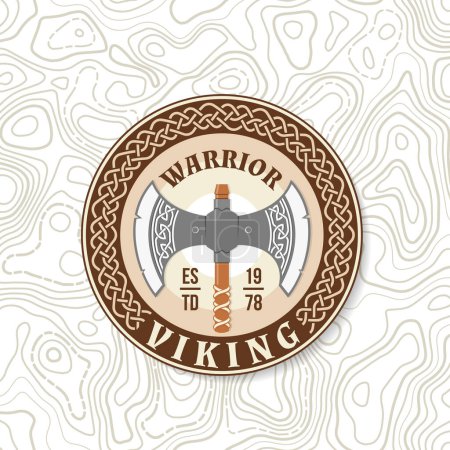 Logo de guerrero vikingo, insignia, pegatina. Ilustración vectorial. Para emblemas, etiquetas y parches. Arma medieval de doble hacha, estilo monocromo vintage.