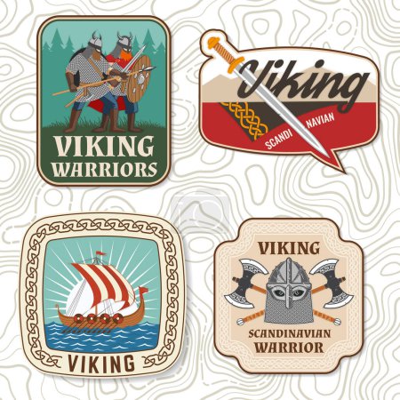 Set of viking warrior logos, badges, stickers. Vector illustration. For emblems, labels and patch. Patch design heraldic shield with a viking in helmet with crossed battle axe, sword and nordic ship.