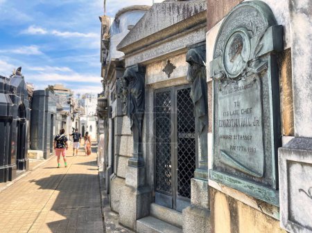 Photo for Buenos aires, argentina - 28 October 2022: close up of one of the world famous landmark the La Recoleta cemetery with historic monumental graves with sculptures an architectural wonder - Royalty Free Image