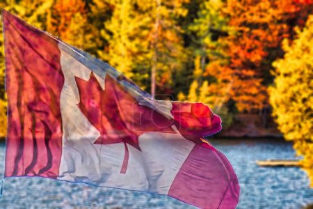 Foto de Un lago en medio de un bosque de otoño canadiense con hojas amarillas y anaranjadas y bandera de hoja de arce canadiense - Imagen libre de derechos