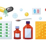 Vector pictures, pills in a plate and without, potion in a bottle, spoon with medicine, round and oval pills, capsules closed and open.