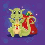 Vector image of a cheerful green dragon with a gift in his hands and with a red bag of gifts next to him on a purple background with snowflakes and balloons