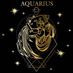 Vector image of the golden zodiac sign Aquarius with stars on a black background
