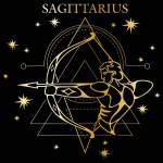 Vector image of the golden zodiac sign Sagittarius with stars on a black background