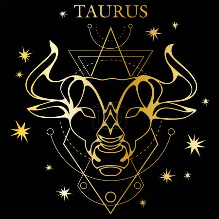 Vector image of the golden zodiac sign Taurus with stars on a black background