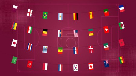 Ensemble de différentes guirlandes avec des drapeaux de tous les pays participants championnat du monde de football