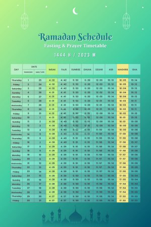 Illustration for Ramadan Schedule Prayer Times 2023 Design Template. Calendar Islamic Hijri 1444 Imsakia and Fasting schedule. - Royalty Free Image