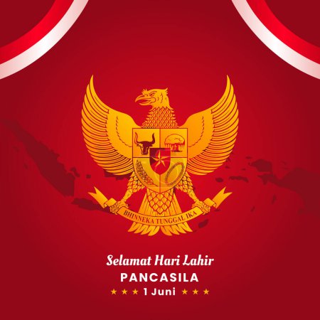Ilustración de Selamat Hari Lahir Pancasila 1 Juni. Feliz Día de Pancasila Antecedentes con Banderas de Indonesia y Símbolo de Aves de Garuda. Ilustración vectorial - Imagen libre de derechos