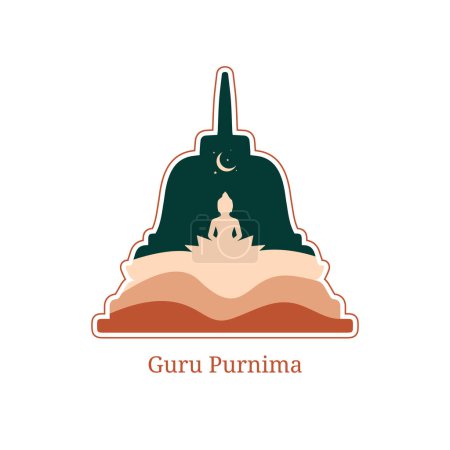 Téléchargez les illustrations : Carte de vœux bohème Guru Purnima avec illustration vectorielle Temple et Bouddha. Vesak Day Concept créatif pour carte ou bannière. - en licence libre de droit