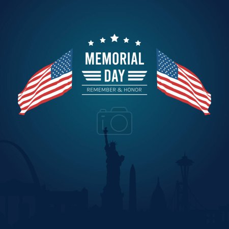 Foto de Memorial Day - Remember and Honor Poster Background (en inglés). Fiesta Nacional Americana con la bandera de EE.UU. y Silhouette Liberty vector ilustración. - Imagen libre de derechos