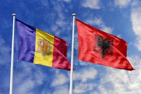 Ilustración 3d. Andorra y Albania Bandera ondeando en el cielo. Alta bandera ondeante detallada. Representación 3D. Saludando en el cielo. Banderas ondeaban en el cielo nublado.