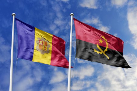 Ilustración 3d. Andorra y Angola Bandera ondeando en el cielo. Alta bandera ondeante detallada. Representación 3D. Saludando en el cielo. Banderas ondeaban en el cielo nublado.